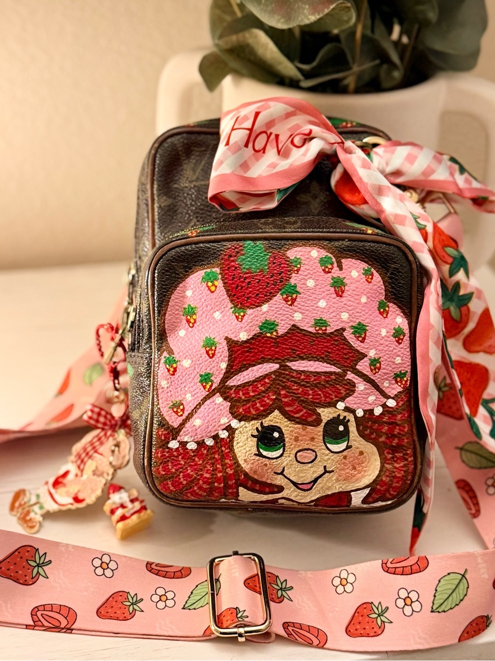 Strawberry Patch Crossbody Bag with Pink Character Panel - Picture 3 of 9